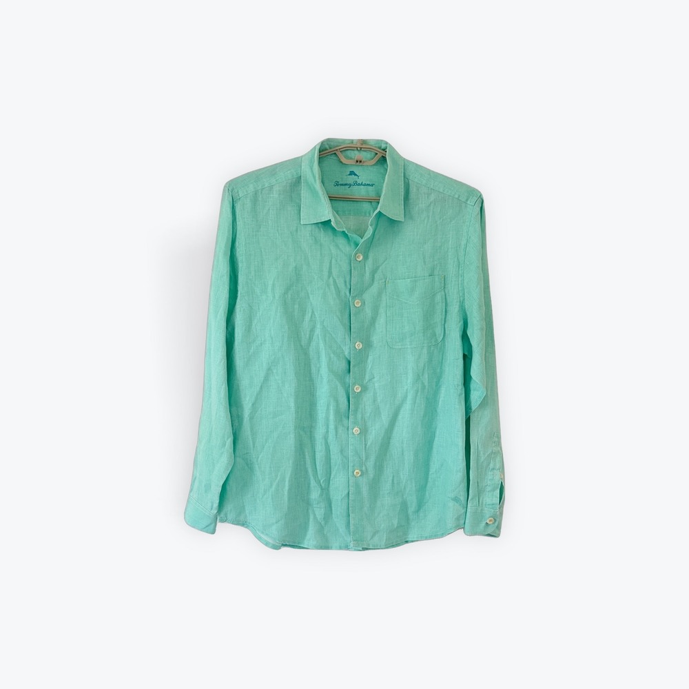 Tommy Bahama Mens Aqua Green 100% Linen Long Sleeve Button Down Shirt Large